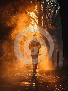 Early Morning Joggers Silhouette Against a Misty Park Sunrise A runners motion blurs into the dawn