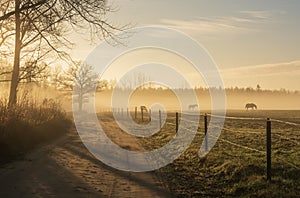 Early morning landscape with fog.