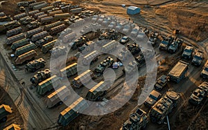 Early morning light glimmers on a vast array of military hardware and vehicles positioned strategically in a field base.