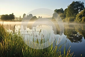 early morning mist over a calm fishing lake