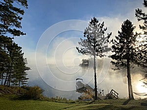 Early Morning mist rising on Lake of the Woods, Ontario