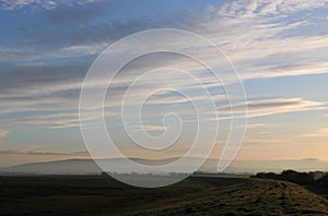 Early morning mist, sea wall, Pilling marsh