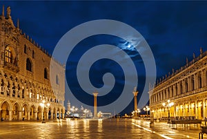 Early in the morning at Piazza San Marco near the Doge`s Palace Palazzo Ducale, Venice