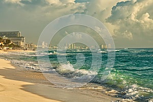 Early morning quit beach Cancun Mexico