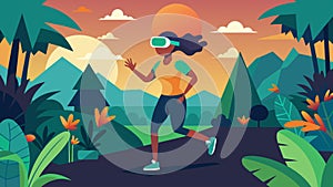 An early morning riser starting their day with a virtual reality jogging session through an exotic virtual jungle on photo