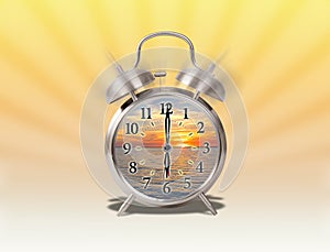 Early Morning Rising Conceptual With Sunrise Inside An Analog Alarm Clock With Sunburst