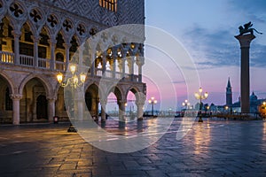 Early morning in San Marco Square without people in Venice before sunrise, Italy