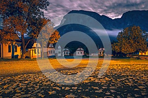 Early morning scenery in Rimetea with Piatra Secuiului mountain, Romania