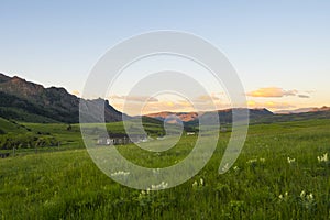 Early morning sun rising over with green fields, wild flowers, and a ranch in Colorado