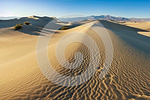 Early Morning Sunlight Over Sand Dunes And Mountains At Mesquite flat dunes, Death Valley National Park, California USA