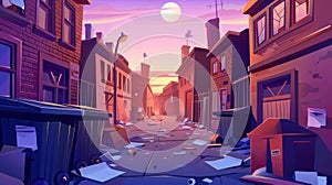 Early morning sunrise at an empty back alley and city street. Old buildings, trash bins, boxes, pink sky with moon in a