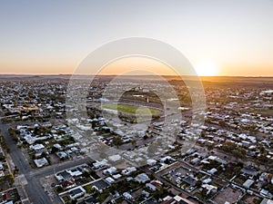 Early morning sunrise high angle aerial drone view of the historic outback mining town of Broken Hill, New South Wales, Australia