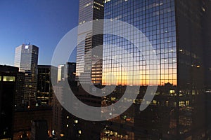 Early morning sunrise,reflecting in windows of downtown buildings,Denver,Colorado,2015