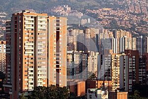 Early morning sunshine on tower blocks in Medellin, Colombia