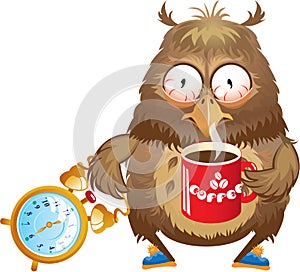 Early morning time - funny owl with cup of coffee