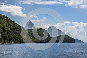 An early morning view along the coast of St Lucia towards the Pitons in the distance