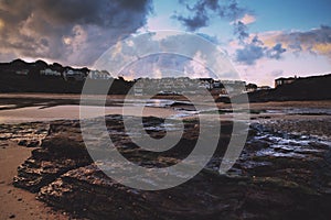 Early morning view of the beach at Polzeath Vintage Retro Filter