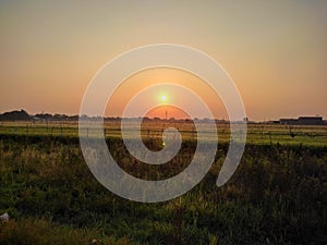 early morning view of a farm field with golden shining sunrise