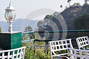 Early morning view of Modern rooftop restaurant at Kasauli, Himachal Pradesh in India, View of mountain hills from open air