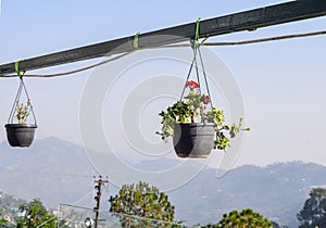 Early morning view of Modern rooftop restaurant at Kasauli, Himachal Pradesh in India, View of mountain hills from open air