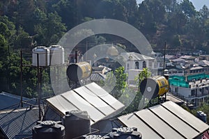 Early morning view of Modern rooftop restaurant at Kasauli, Himachal Pradesh in India, View of mountain hills from open air