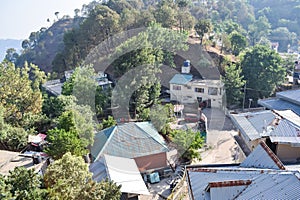 Early morning view of Modern rooftop restaurant at Kasauli, Himachal Pradesh in India, View of mountain hills from open air