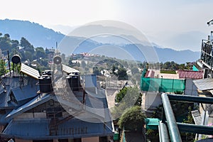 Early morning view of Modern rooftop restaurant at Kasauli, Himachal Pradesh in India, View of mountain hills from open air