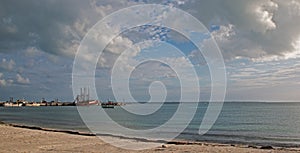 Early morning view of Puerto Juarez bay with fishing boats and trawlers in Cancun Mexico