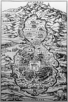 Early Plan of Mexico City; former Tenochtitlan from Ramusio Navigatione et viaggi play; 1524