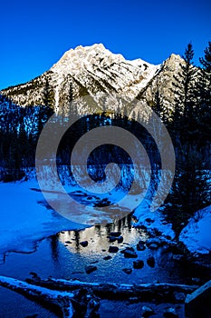 Early snow in early fall at Mount Lorret Ponds. Bow Valley Wildlife Park. Alberta Canada