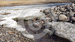 Early spring, actively melting snow, streams of water flow through ice and snow,Spring coming, global warming, season