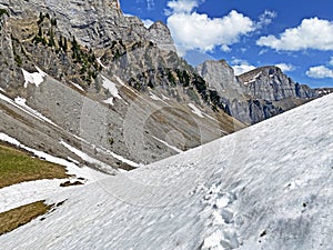 The early spring atmosphere with the last remnants of winter and snow in the Seeztal subalpine valley, Walenstadtberg