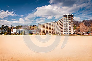 Early spring in Bulgarian resort. Sandy beach of Albena village.