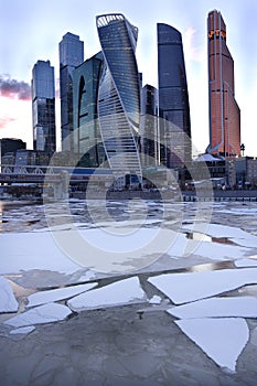 Early spring in the center of Moscow, ice on river