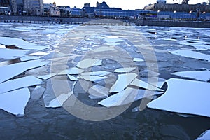 Early spring in the center of Moscow, ice on river