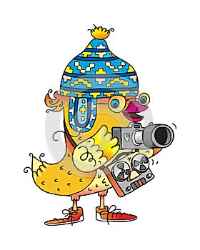 Early spring migratory tourist bird with camera