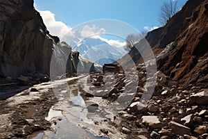 In the early spring, mountain rocks fell, creating a perilous road photo