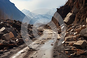 In the early spring, mountain rocks fell, creating a perilous road photo