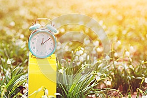 Early spring weather. Classic alarm clock with bells on nature background. Daylight saving time reminder. Spring time change