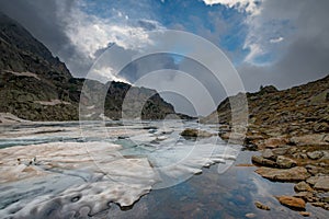 Early summer thaw in alpine lake of the Alps orobie