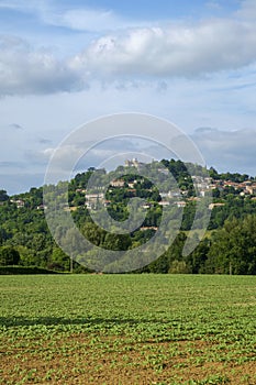Early summer view across fields to hilltop Penne d`Agenais