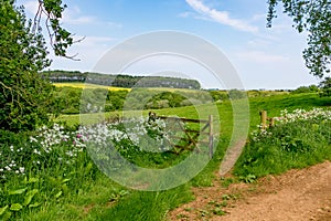 An open gate to a view of rolling English countryside photo