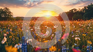 Early Summer Wildflower Meadow in Golden Hour Glow: Vibrant Colors and Beauty