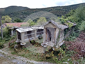 Early twentieth century elevated barns in Ourense Galicia Spain.