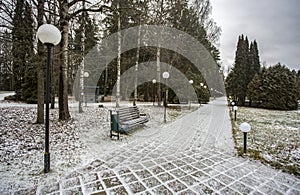 Early winter. The snow has slightly covered the walking path for walks in the park