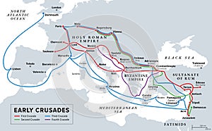 Early Crusades, gray history map of the first Crusades to Holy Land photo