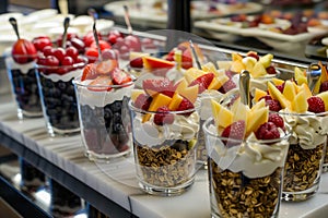 earlymorning coffee buffet with fresh fruit and yogurt parfaits photo
