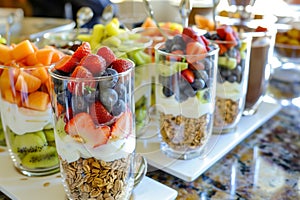 earlymorning coffee buffet with fresh fruit and yogurt parfaits photo