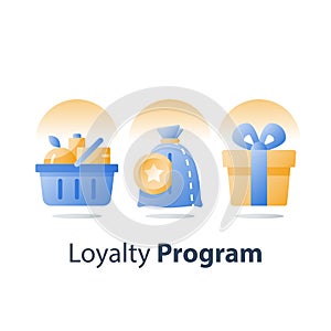 Earn bonus points, full grocery basket, loyalty program, redeem reward gift, present box, collect tokens