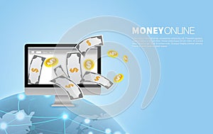 Earn Computer money online modern. vector illustration for web banners.Web sites and landing pages and social media. Graphic